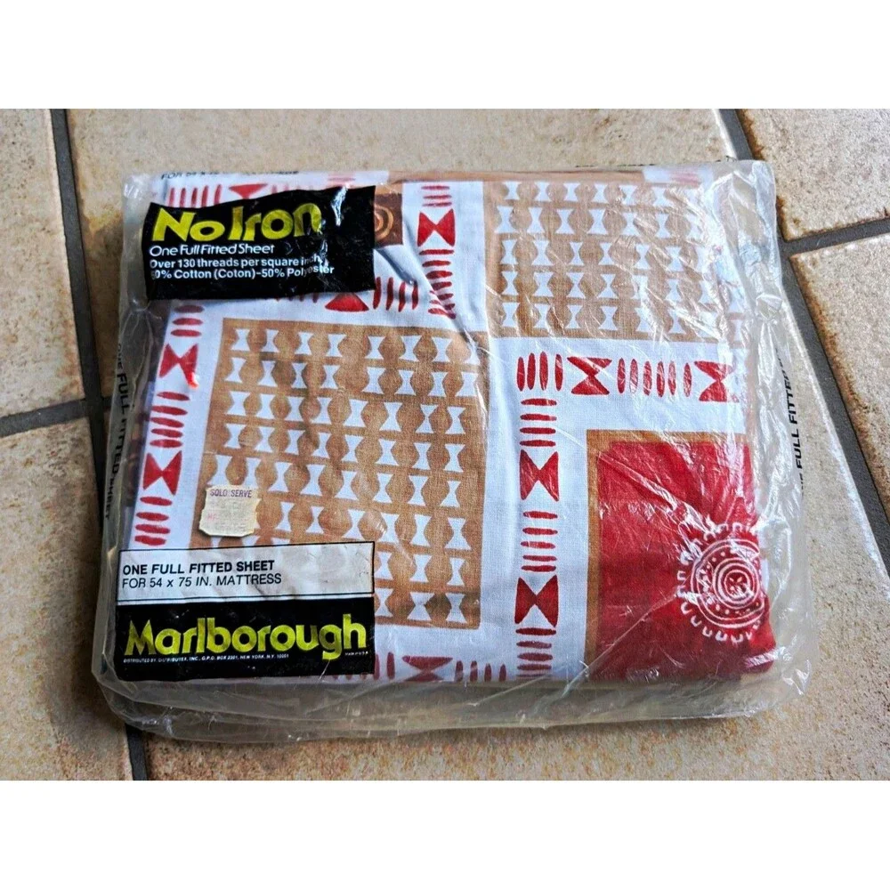 Vintage Marlborough No Iron Full Fitted Sheet 54 x 75 Tribal African Geometric